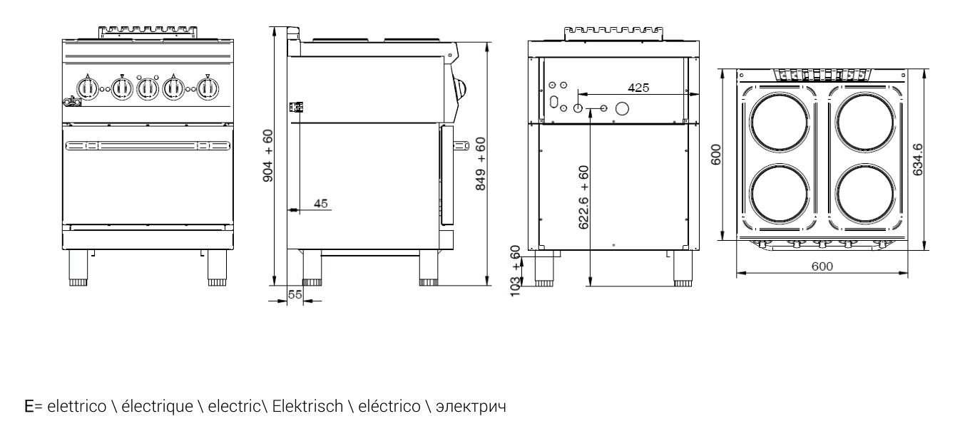 ATA K6ECU10FF – aragaz electric profesional, 4 ochiuri (plite), cu cuptor 7 Desen tehnic cu dimensiuni pentru aragaz profesional 4 ochiuri ATA K6ECU10FF
