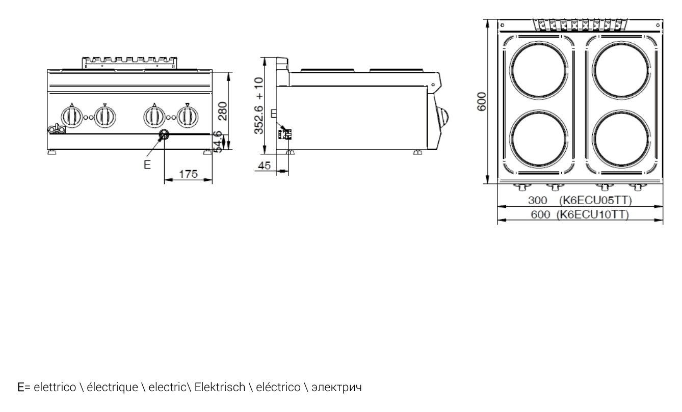 ATA K6ECU10TT – aragaz electric profesional, 4 ochiuri (plite), de banc 7 Desen tehnic cu dimensiuni pentru aragaz profesional 4 ochiuri ATA K6ECU10TT