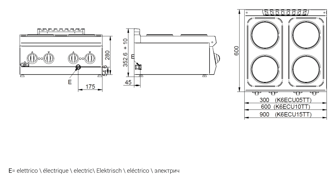 ATA K6ECU15TT – aragaz electric profesional, 6 ochiuri (plite), de banc 7 Desen tehnic cu dimensiuni pentru aragaz profesional 6 ochiuri ATA K6ECU15TT