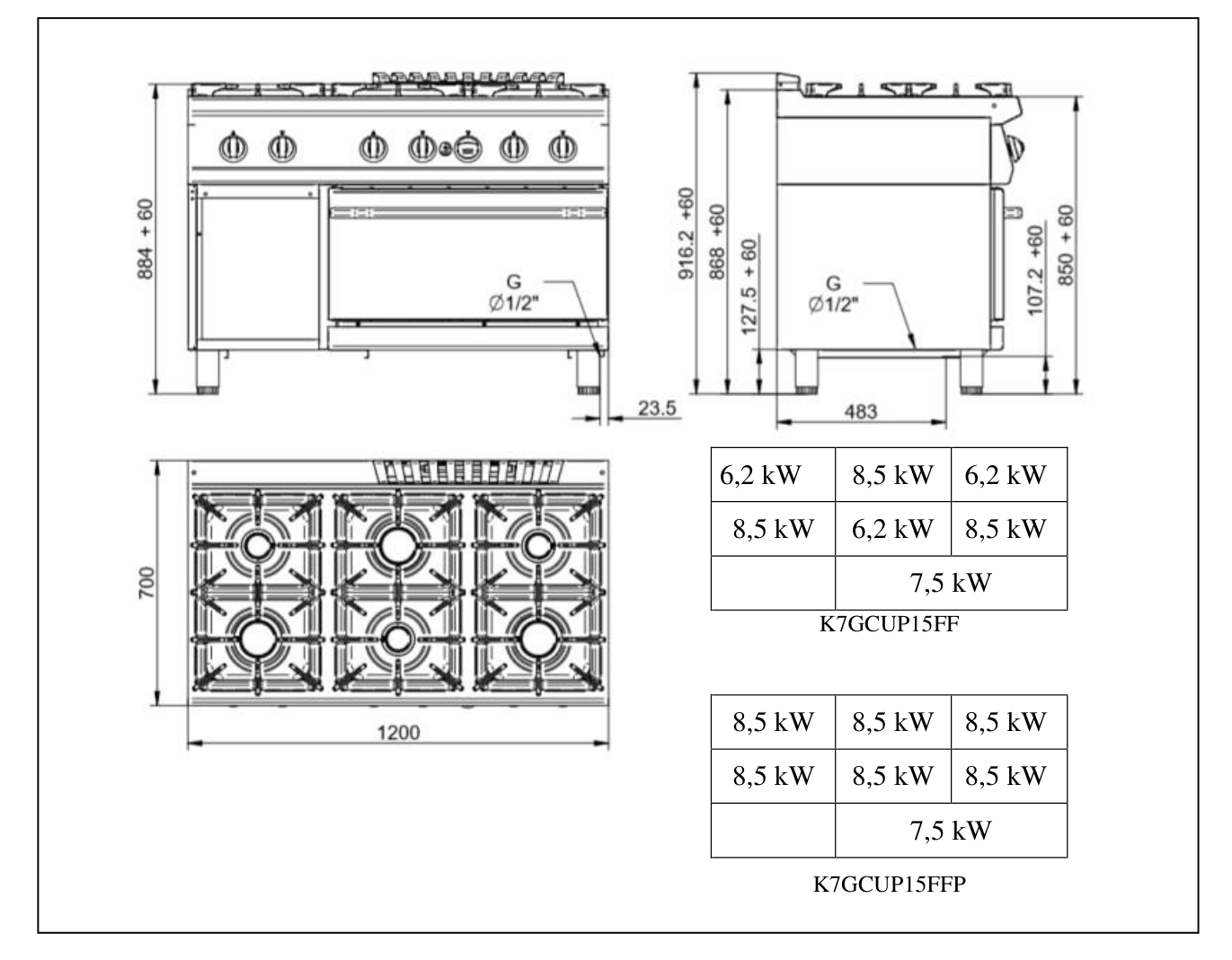 ATA K7GCUP15FF – aragaz profesional pe gaz, 6 ochiuri (arzătoare), cu cuptor pe gaz GN 2/1 7 Desen tehnic cu dimensiuni pentru aragaz profesional 6 ochiuri ATA K7GCUP15FF