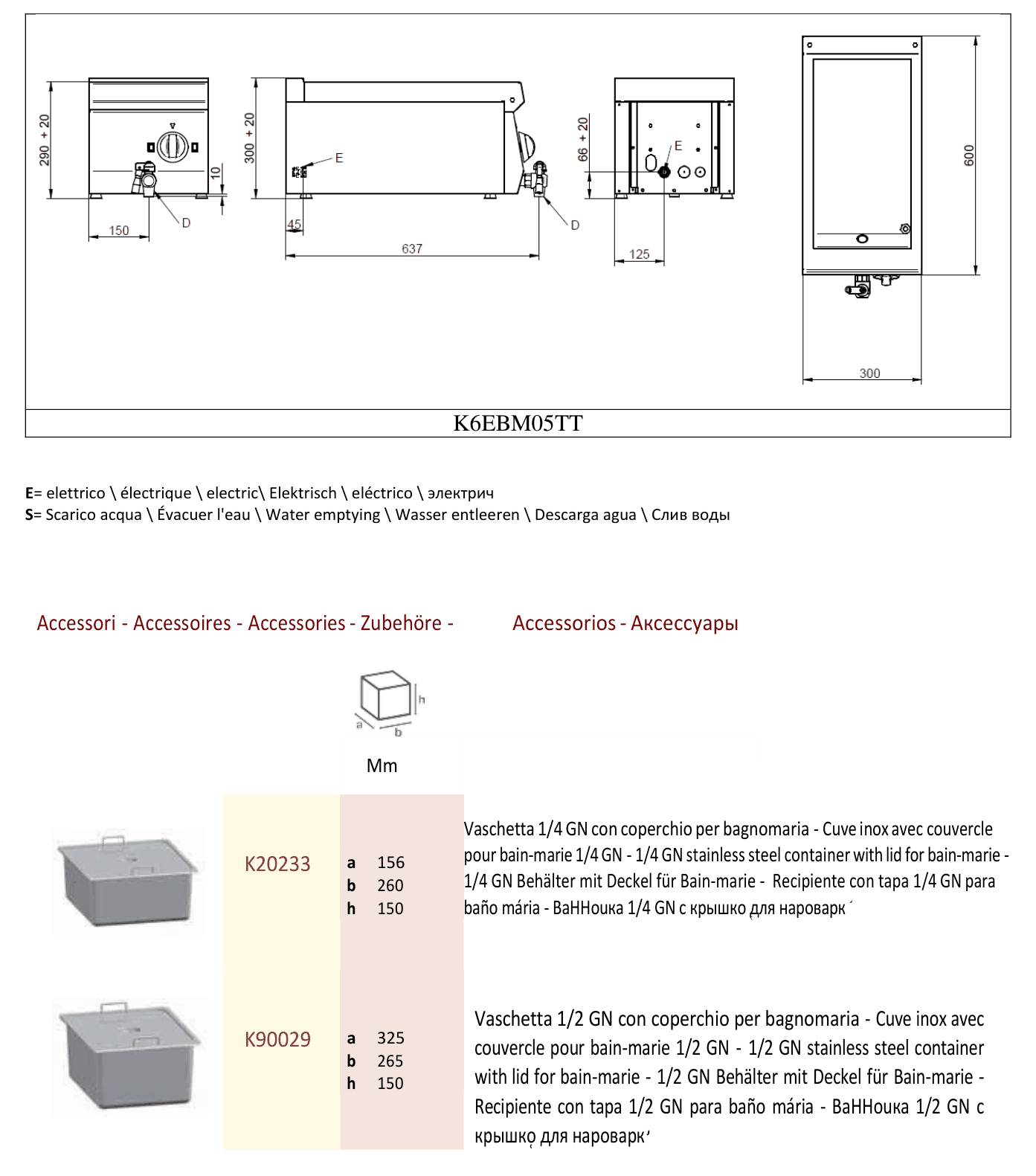 ATA K6EBM05TT – bain-marie electric 3/4 GN, de banc 7 Desen tehnic cu dimensiuni pentru bain marie electric ATA K6EBM05TT