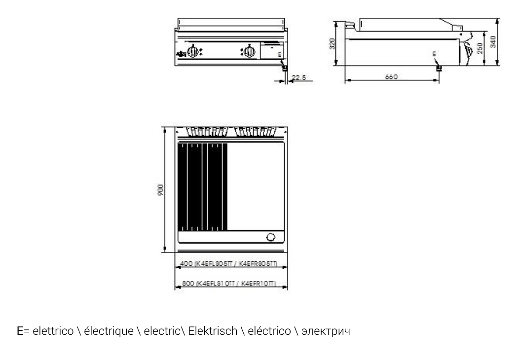 ATA K4EFLS10TT – fry-top electric, placă netedă, 1 modul, de banc 7 Desen tehnic cu dimensiuni pentru plită profesională electrică ATA K4EFLS10TT