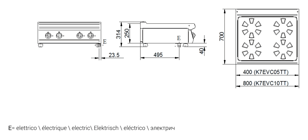 ATA K7EVC05TT – plită vitroceramică profesională, 2 zone, de banc 7 Desen tehnic cu dimensiuni pentru plită vitroceramică profesională, 2 ochiuri ATA K7EVC05TT